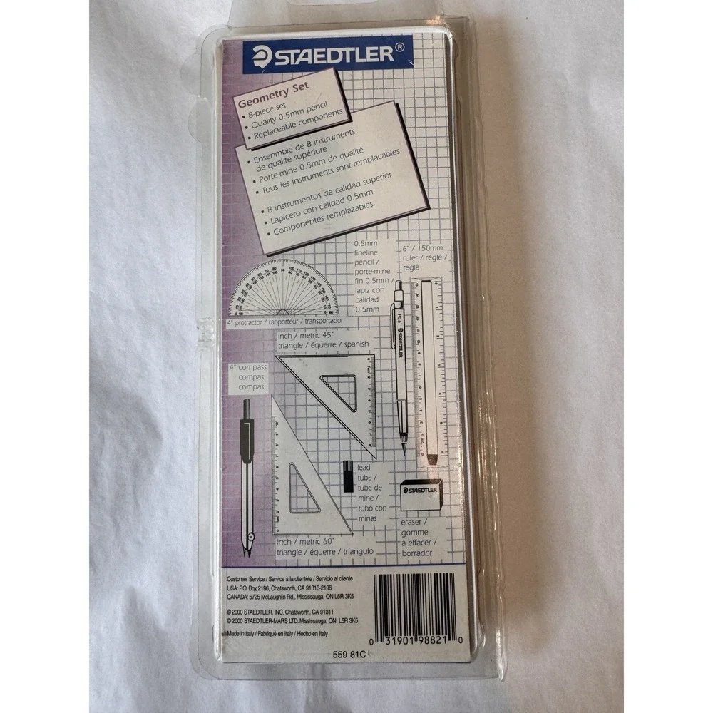 NEW 8 PIECE STAEDTLER GEOMETRY SET INCLUDES PROTRACTOR, COMPASS, RULER & OTHERS‎